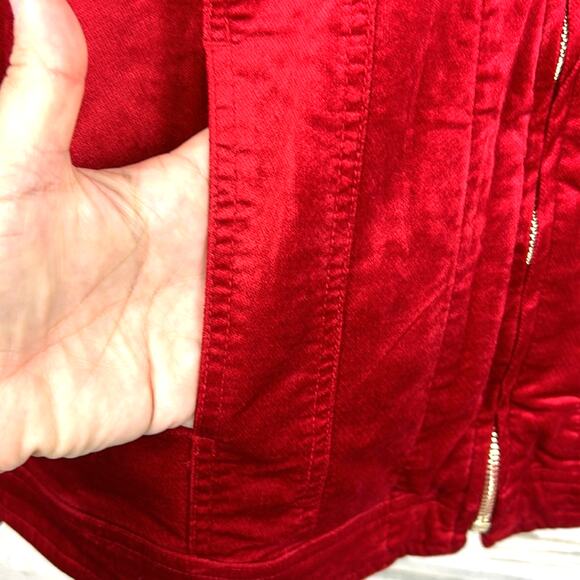 Chico’s Women’s M Red Cotton Velvet Long Sleeve Button Front Holiday Jacket Coat - Picture 5 of 8